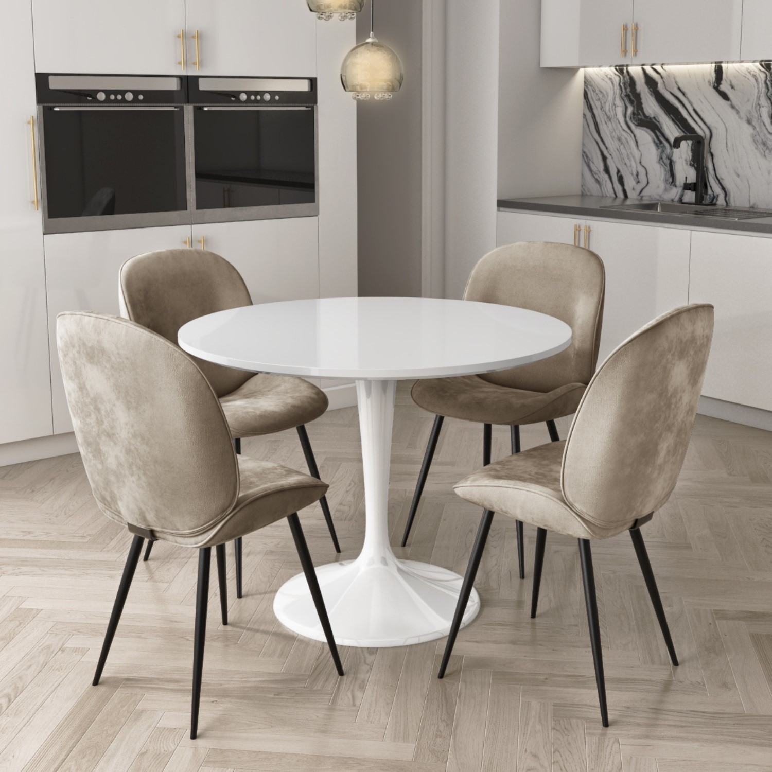 White Round High Gloss Dining Table, Round High Dining Table And Chairs
