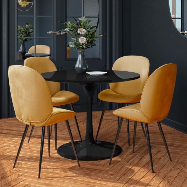 Aura Black Round High Gloss Dining Table with 4 Mustard Velvet Chairs