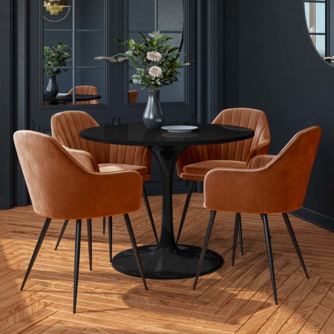 Round Black Gloss Dining Table with 4 Orange Velvet Tub Dining Chairs - Aura - Furniture123