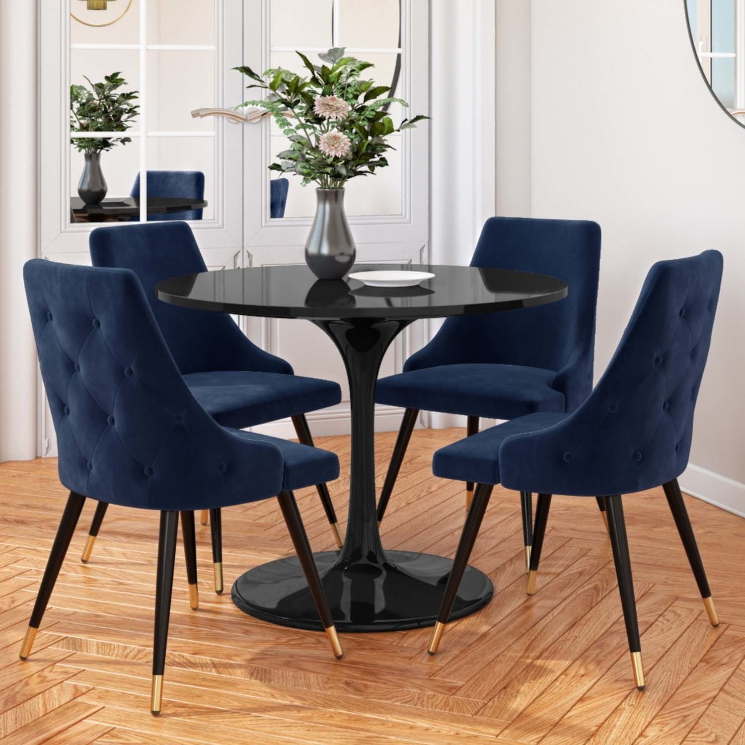 Aura Black Round High Gloss Dining Table With 4 Maddy Navy Dining Chairs Furniture123