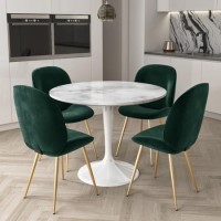 Aura Round White High Gloss Marble Dining Table with 4 Jenna Green Velvet Chairs with Gold Legs