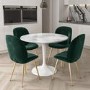 Aura Round White High Gloss Marble Dining Table with 4 Jenna Green Velvet Chairs with Gold Legs