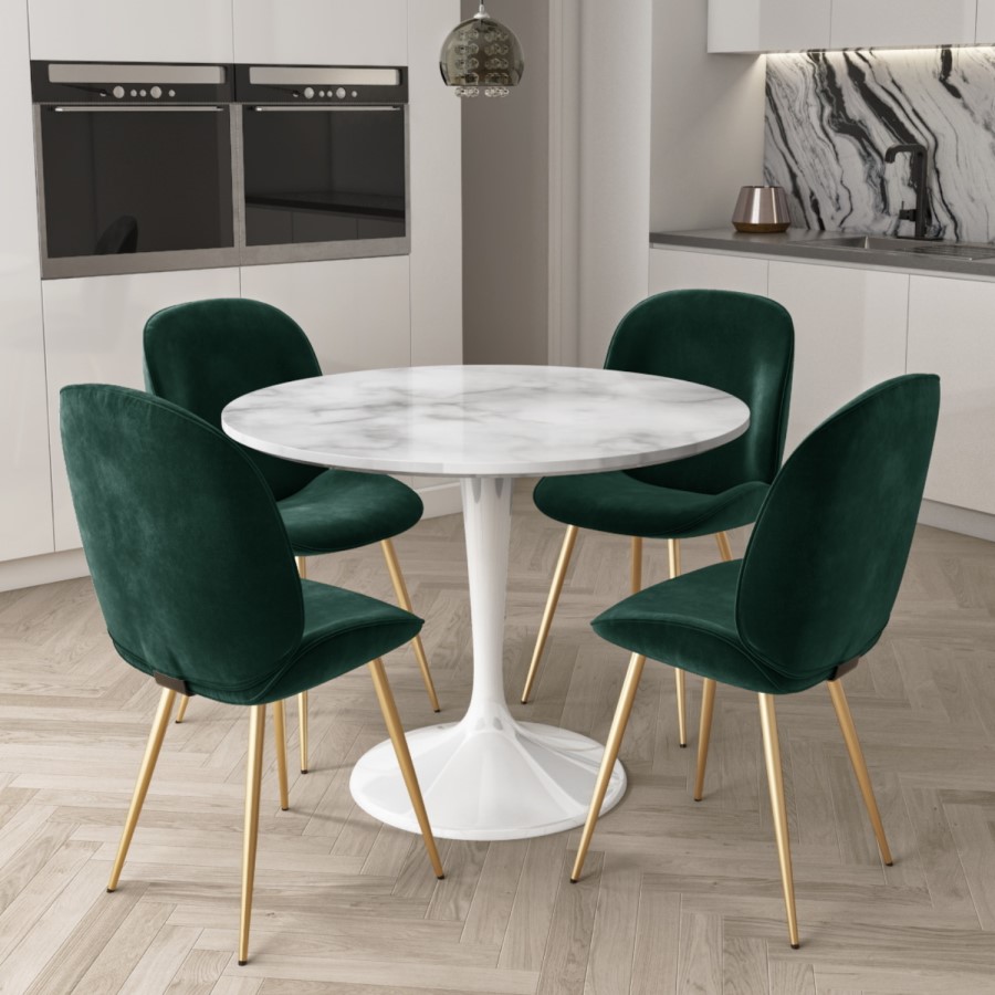 Aura Round White High Gloss Marble Dining Table with 4 Jenna Green Velvet Chairs with Gold Legs