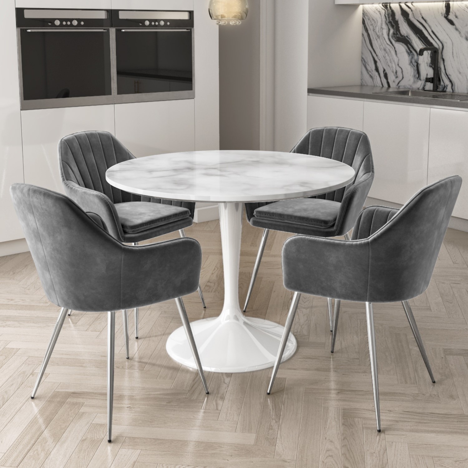 Aura Round White Faux Marble Dining Table With 4 Grey Velvet