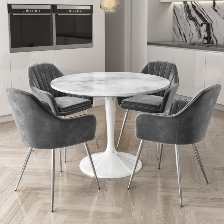 Aura Round White Faux Marble Dining Table with 4 Grey Velvet Dining Tub Chairs with Chrome Legs