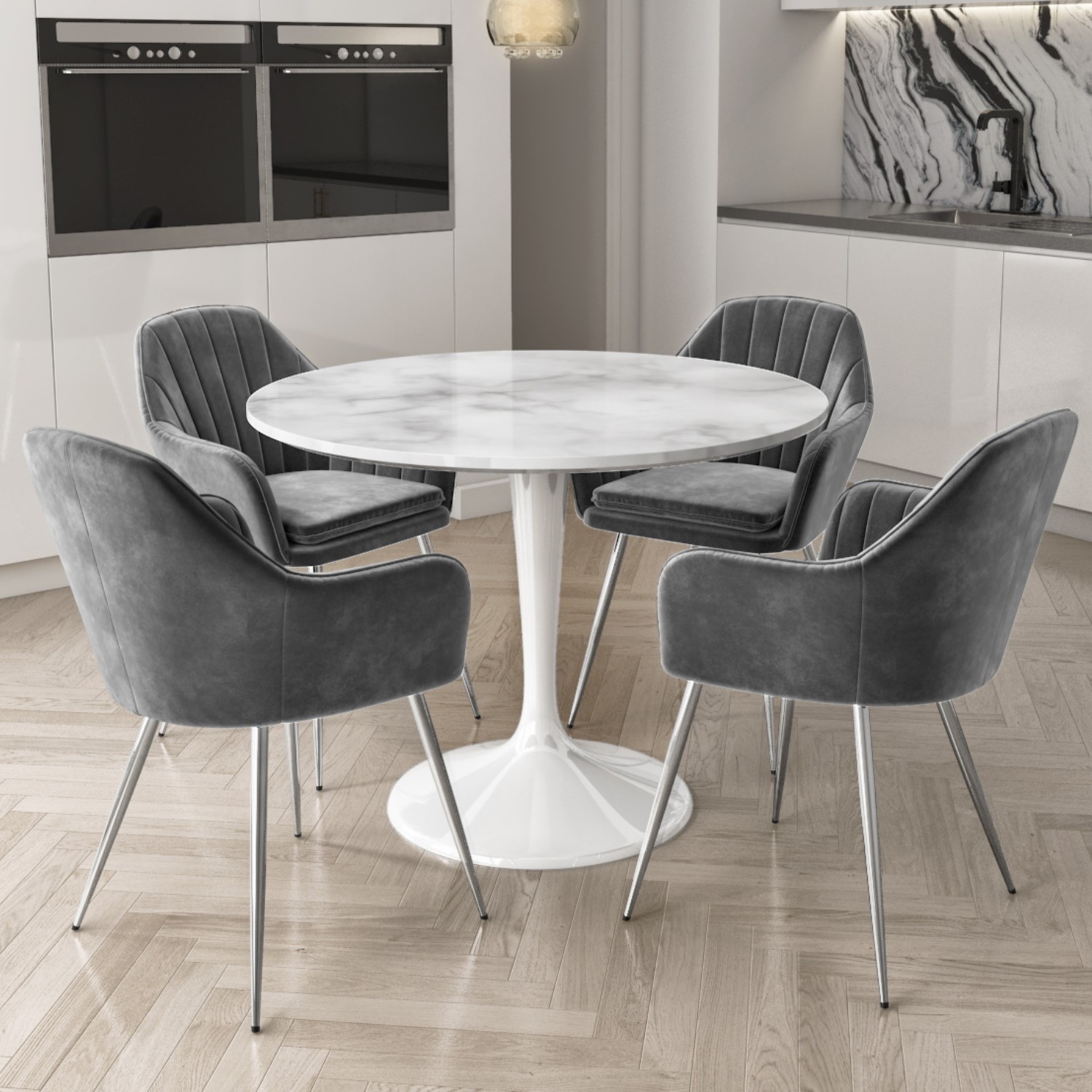 Aura Round White Faux Marble Dining Table With 4 Grey Velvet Dining Tub Chairs With Chrome Legs Furniture123 Aura Round White Faux Marble Dining Table With 4 Grey Velvet Dining Tub Chairs With Chrome Legs Furniture123