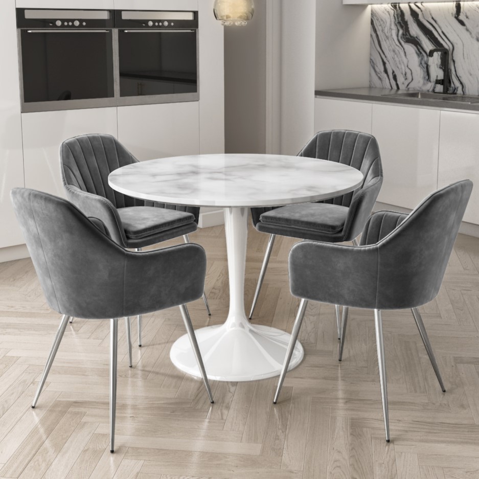 Aura Round White Faux Marble Dining Table with 4 Grey Velvet Dining Tub