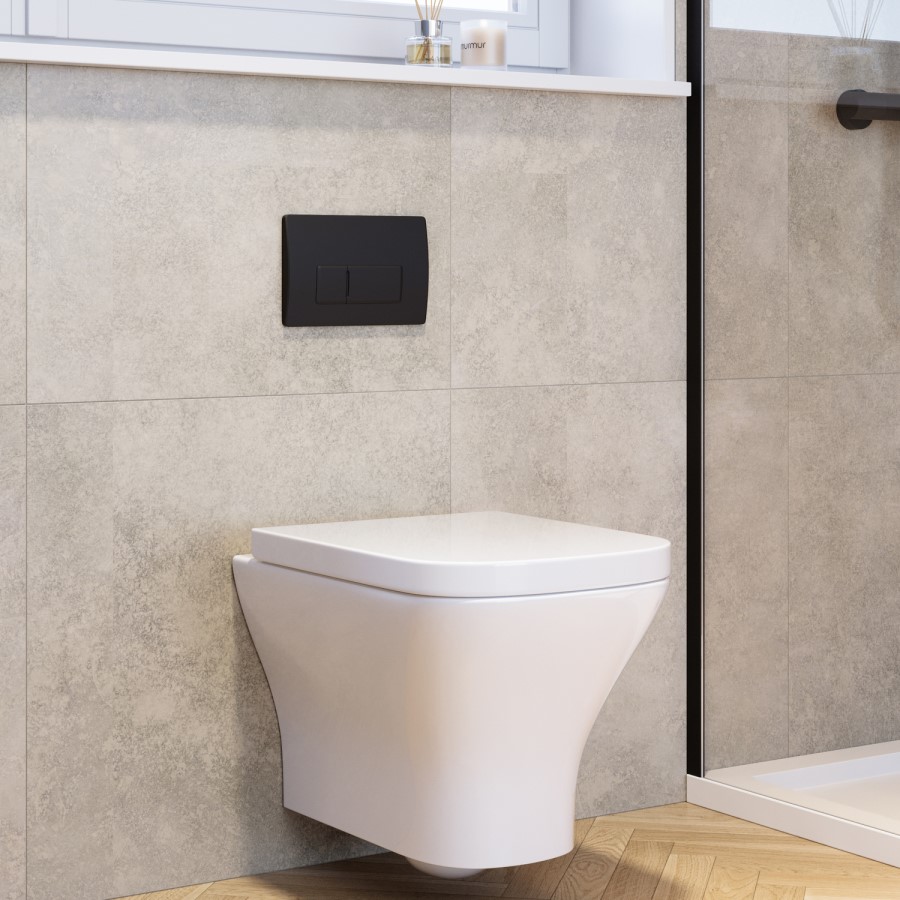 Wall Hung Rimless Toilet with Soft Close Seat, Matt Black Pneumatic Flush Plate, 820mm Frame & Cistern - Austin