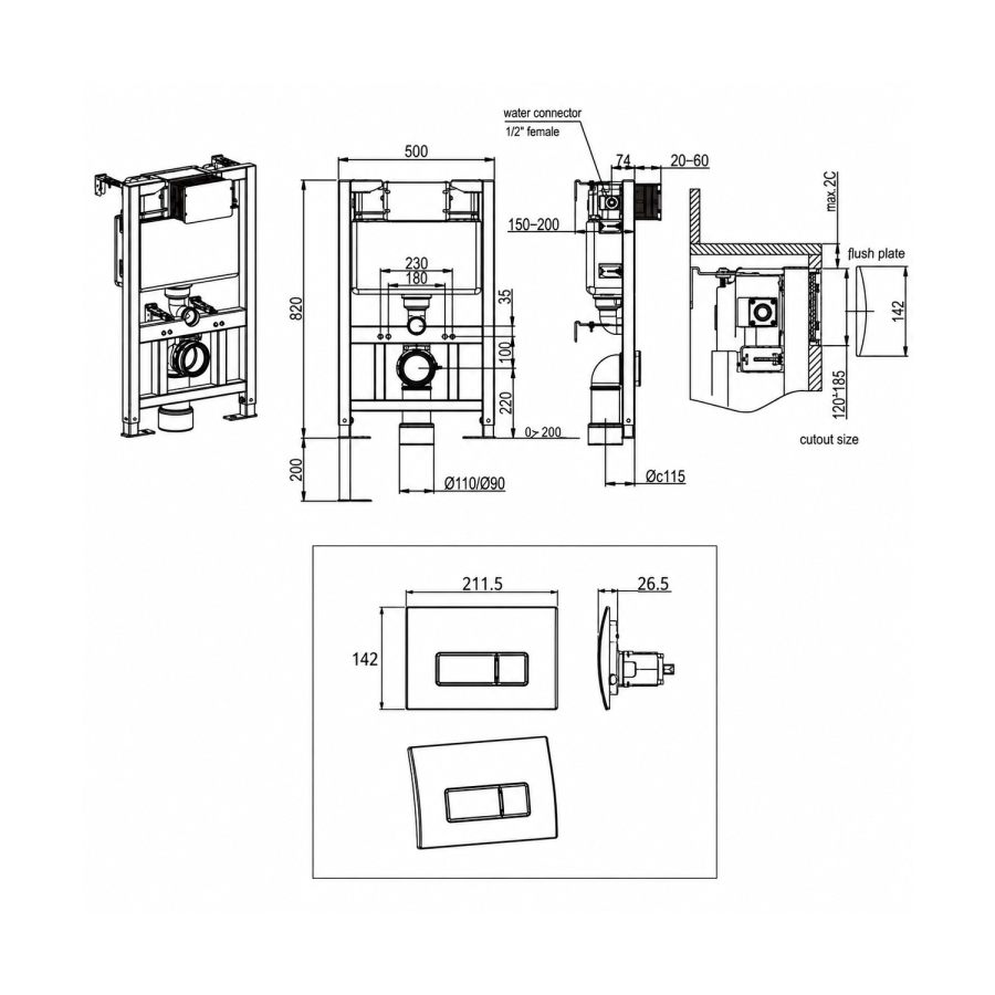 Wall Hung Rimless Toilet with Soft Close Seat, Matt Black Pneumatic Flush Plate, 820mm Frame & Cistern - Austin