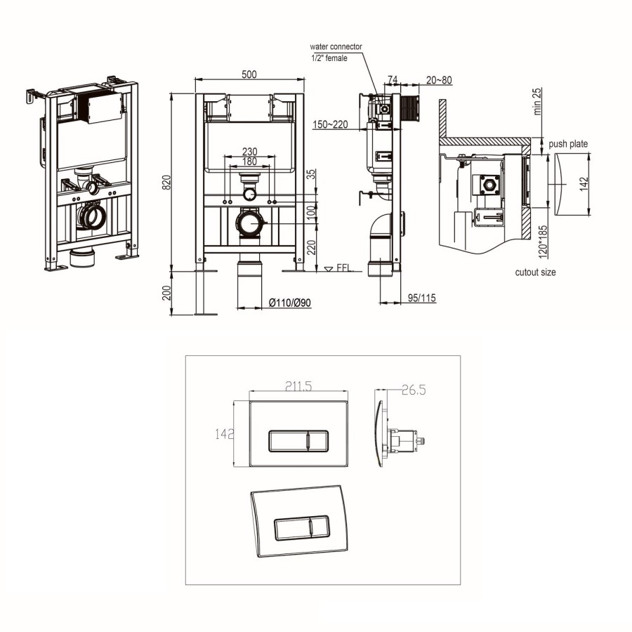 Wall Hung Rimless Toilet with Soft Close Seat, Brushed Brass Pneumatic Flush Plate, 820mm Frame & Cistern - Austin