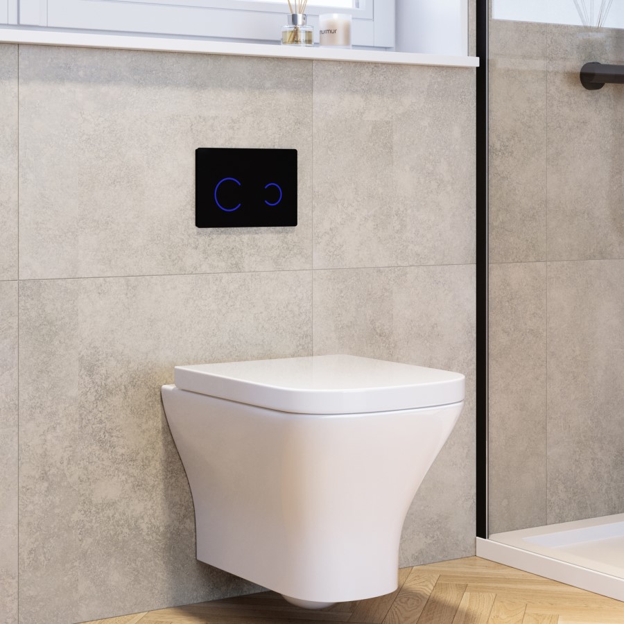 Wall Hung Rimless Toilet with Soft Close Seat, Black Glass Pneumatic Flush Plate, 820mm Frame & Cistern - Austin