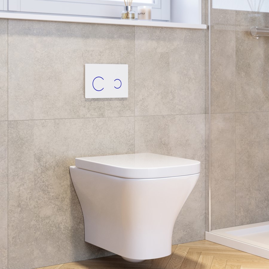 Wall Hung Rimless Toilet with Soft Close Seat, White Glass Pneumatic Flush Plate, 820mm Frame & Cistern - Austin