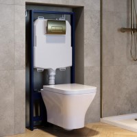 Wall Hung Rimless Toilet with Soft Close Seat, Brushed Brass Pneumatic Flush Plate, 1160mm Frame & Cistern - Austin