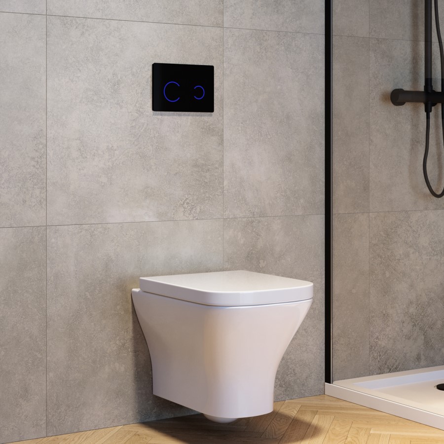 Wall Hung Rimless Toilet with Soft Close Seat, Black Glass Pneumatic Flush Plate, 1160mm Frame & Cistern - Austin