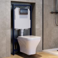 Wall Hung Rimless Toilet with Soft Close Seat, Gunmetal Grey Pneumatic Flush Plate, 1160mm Frame & Cistern - Austin