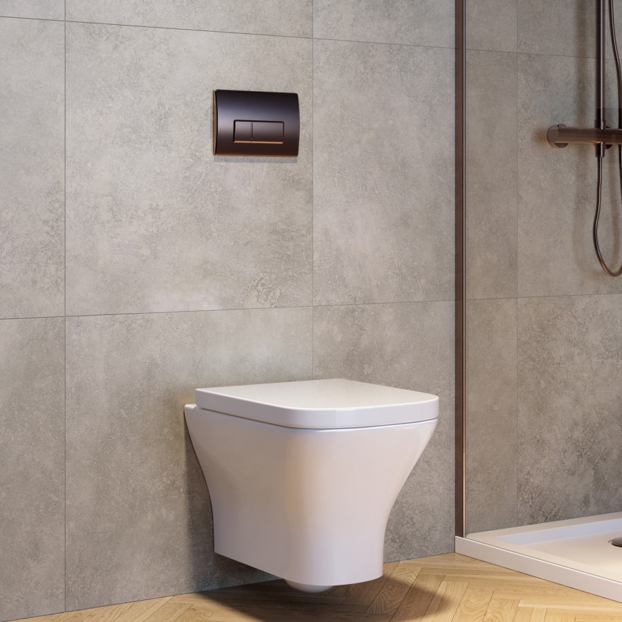 Wall Hung Rimless Toilet with Soft Close Seat, Brushed Bronze Pneumatic Flush Plate, 1160mm Frame & Cistern - Austin