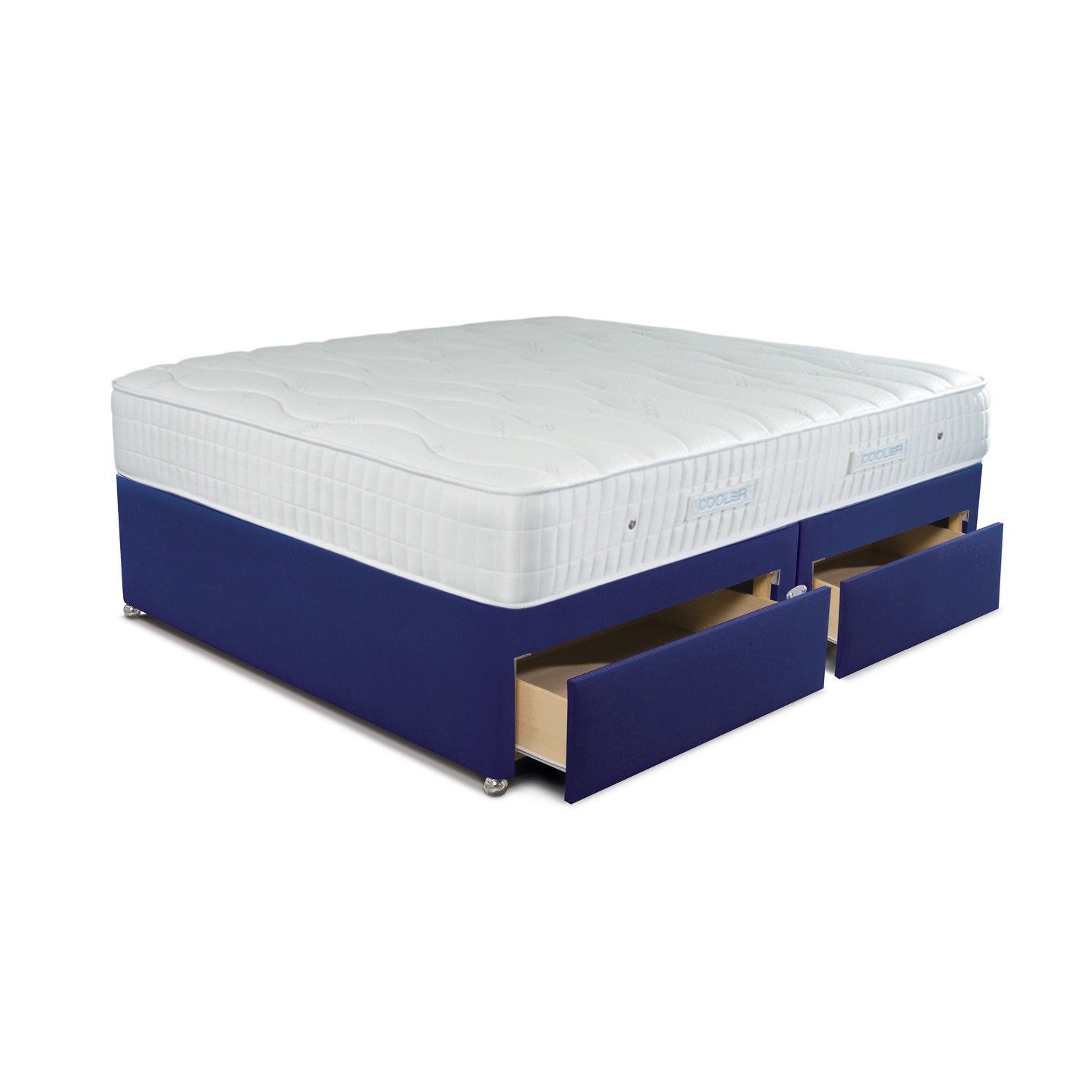 Photo of Sleepeezee double 4 drawer divan bed in plush navy with cooler pinnacle 1000 mattress