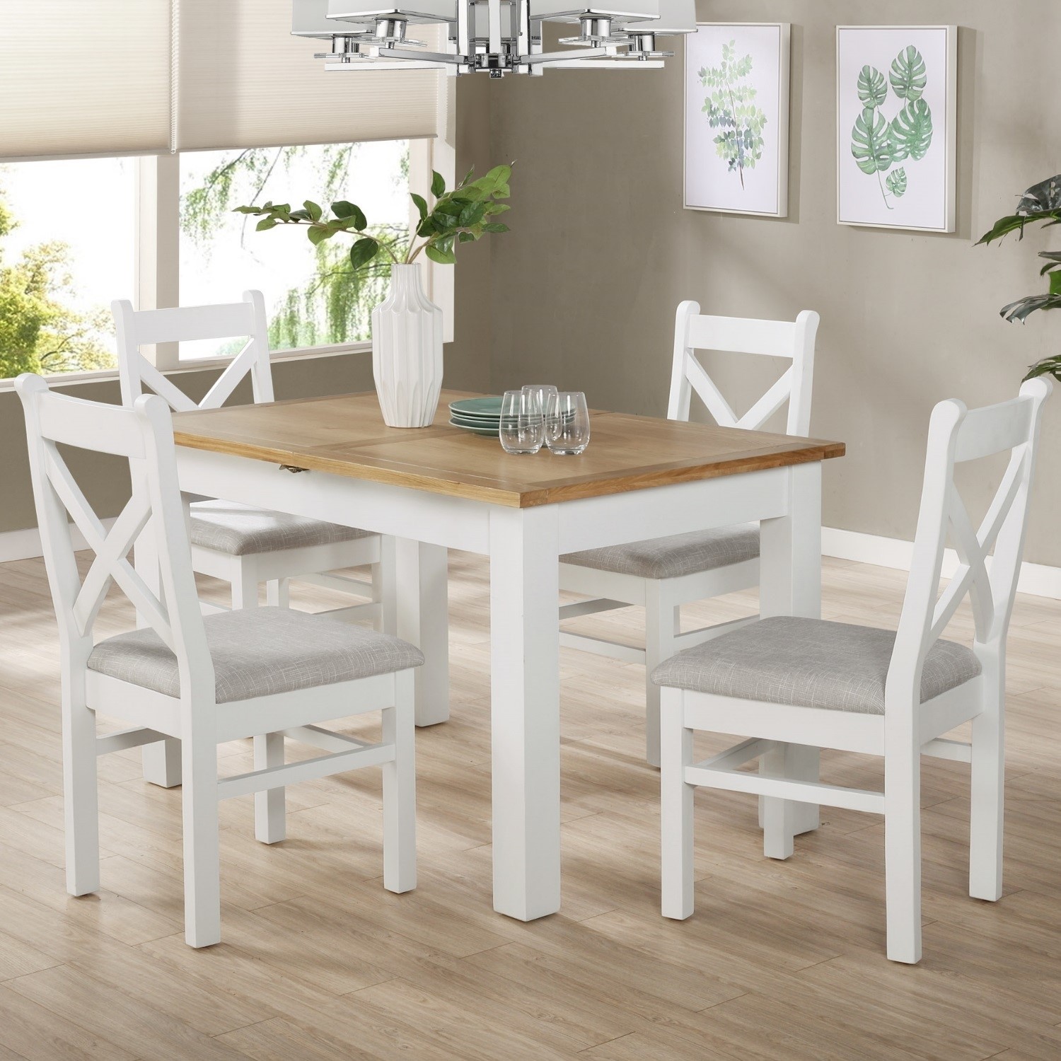 White Oak Extendable Dining Set With 4 White Dining Chairs