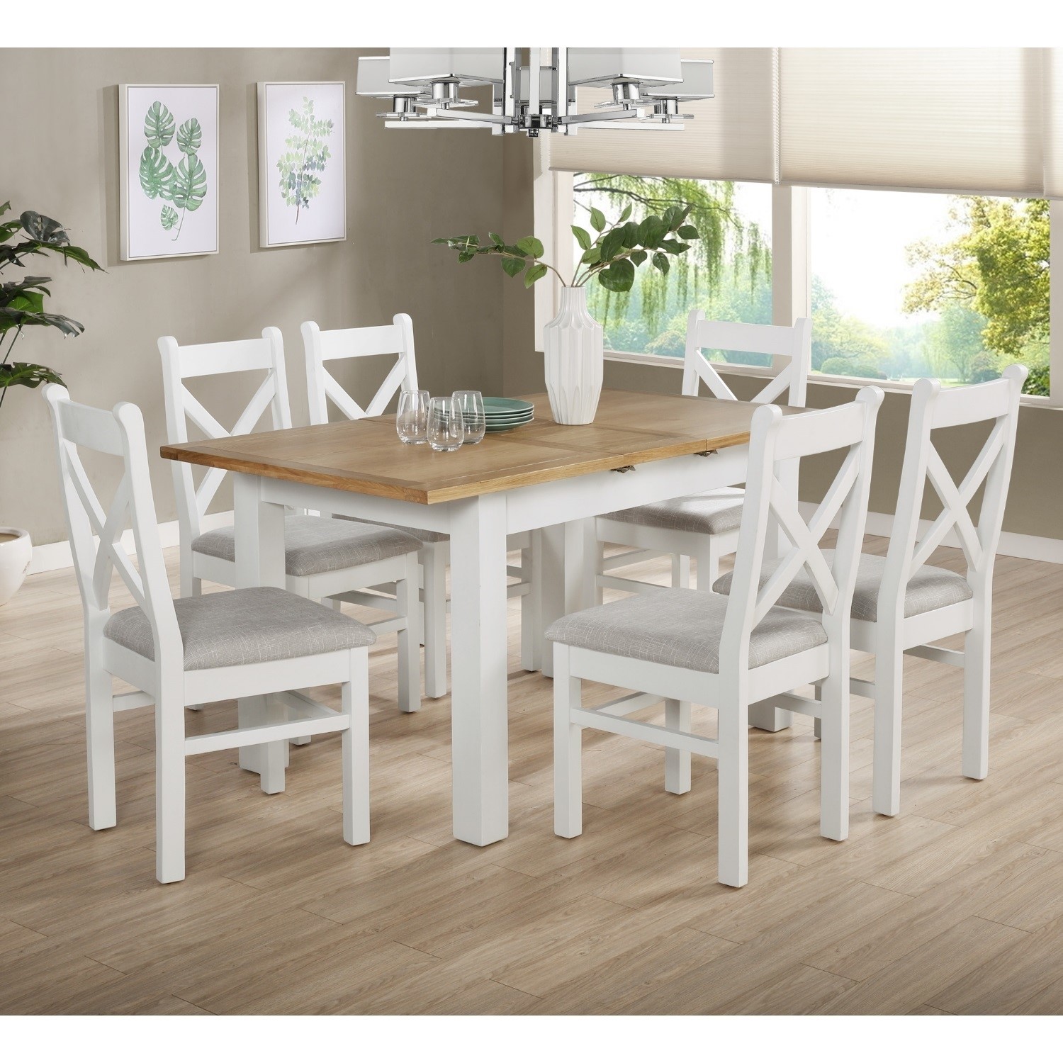 white  oak extendable dining set with 6 white dining chairs  aylesbury