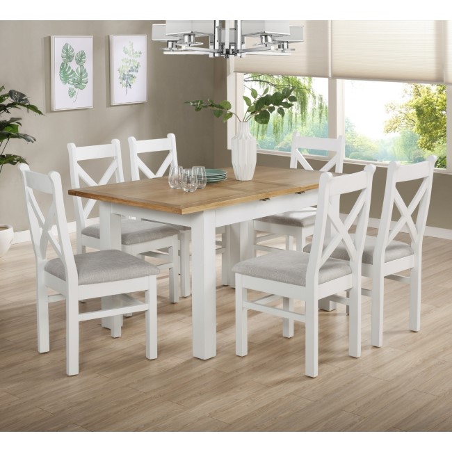 White & Oak Extendable Dining Set with 6 White Dining Chairs - Aylesbury