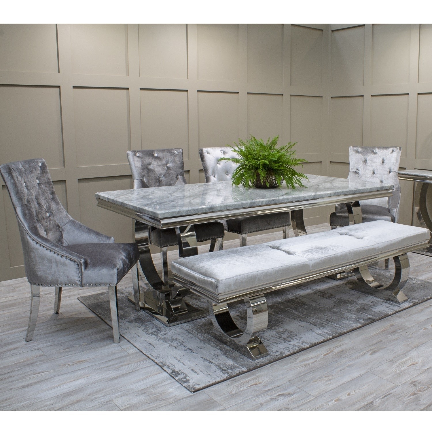 Grey Marble Dining Set With 180cm Table Velvet Chairs And Bench Seats 6 Vida Living Arianna Furniture123