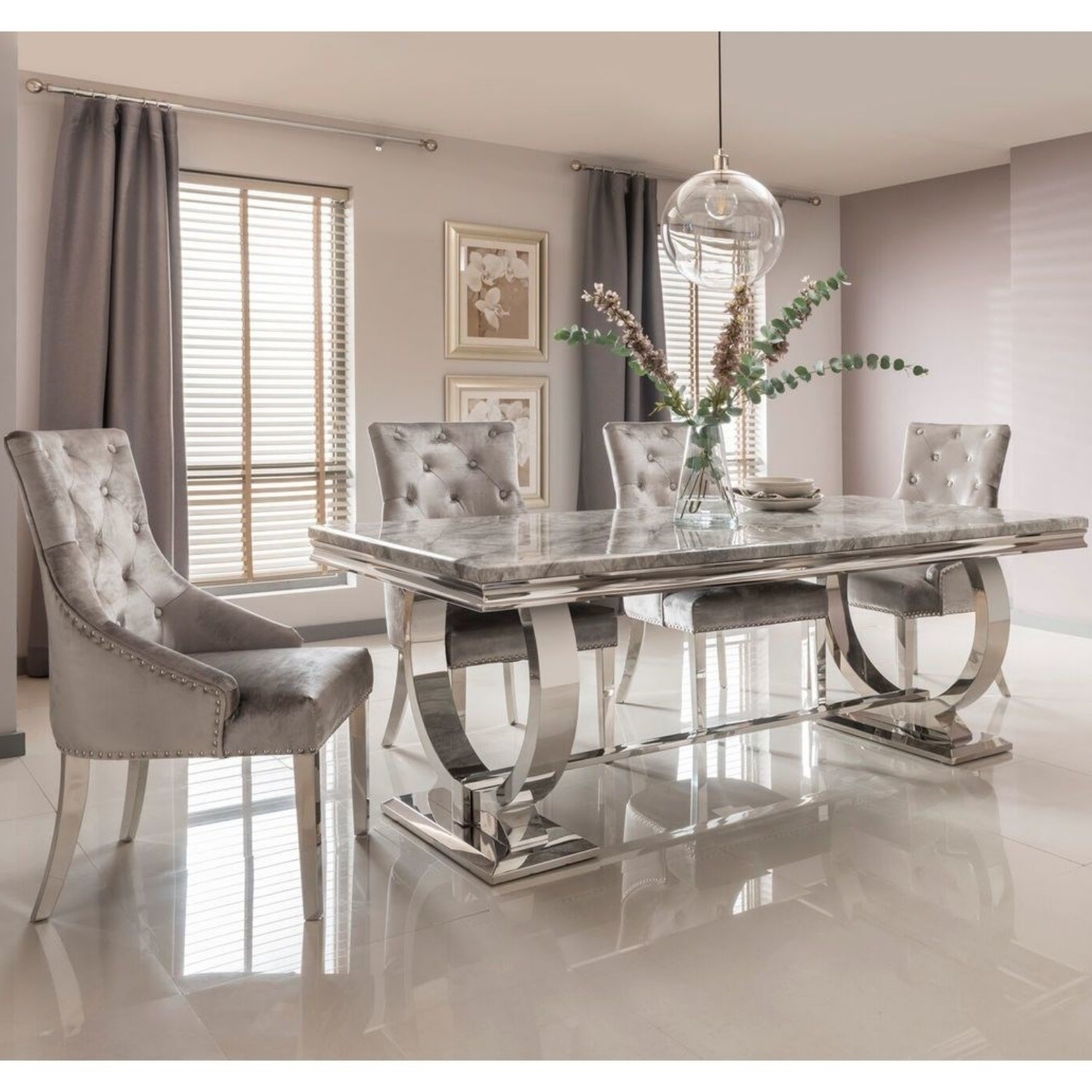 Arianna Grey Marble Dining Set With 180cm Table 4 Velvet Chairs