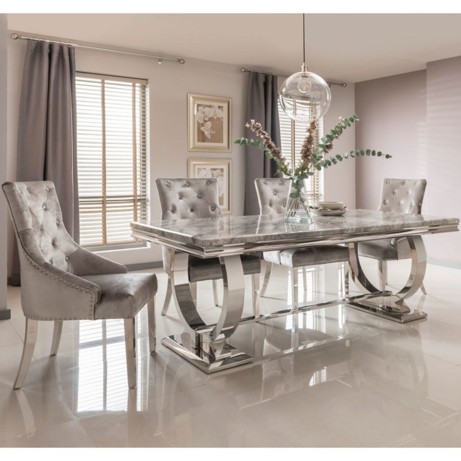 Grey Marble Dining Set with 180cm Table & Grey Velvet Chairs - Seats 4 - Arianna