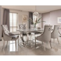 GRADE A1 - Arianna Grey Marble Dining Set with 200cm Table & 6 Velvet Chairs