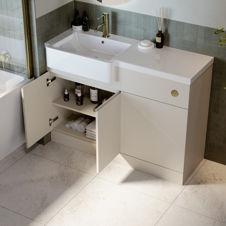 1100mm Beige Left Hand Toilet and Sink Unit with Brass Fittings - Unit & Basin Only - Bali