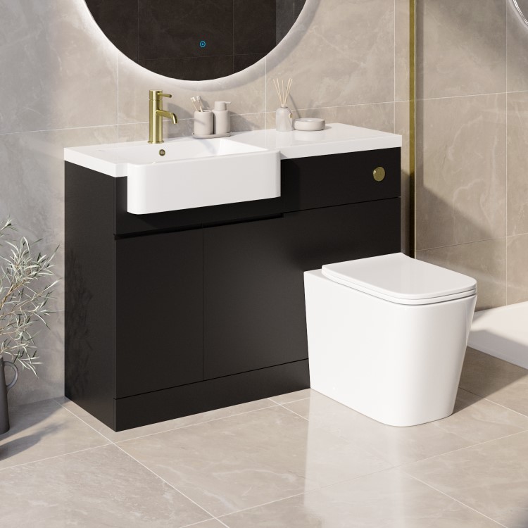 1100mm Black Left Hand Toilet and Sink Unit with Square Toilet and Brass Fittings - Bali