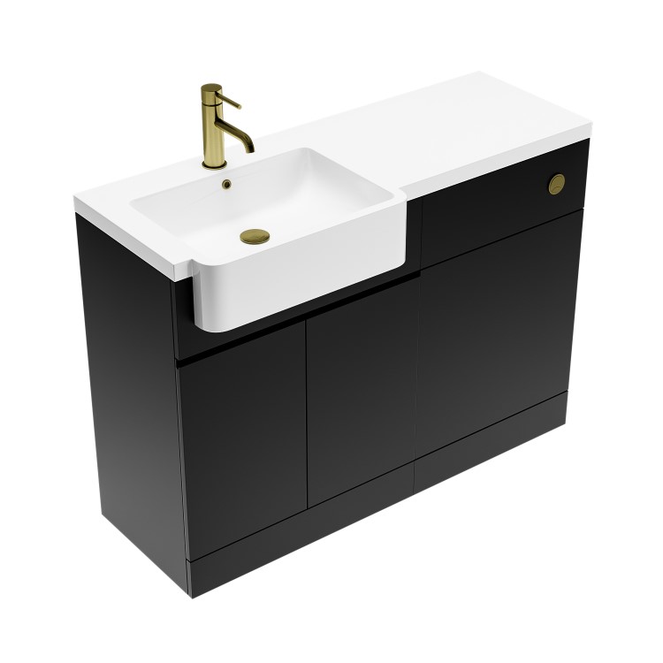 1100mm Black Left Hand Toilet and Sink Unit with Square Toilet and Brass Fittings - Bali