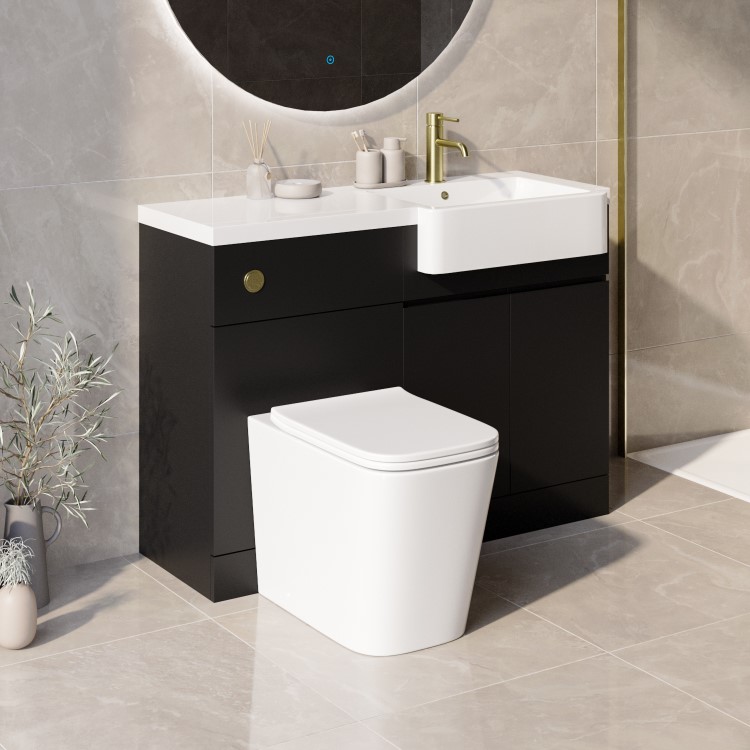 1100mm Black Right Hand Toilet and Sink Unit with Square Toilet and Brass Fittings - Bali