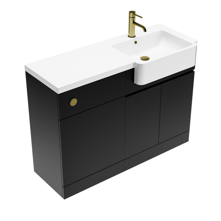 1100mm Black Right Hand Toilet and Sink Unit with Square Toilet and Brass Fittings - Bali