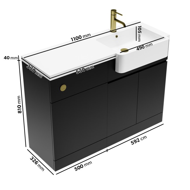 1100mm Black Right Hand Toilet and Sink Unit with Square Toilet and Brass Fittings - Bali