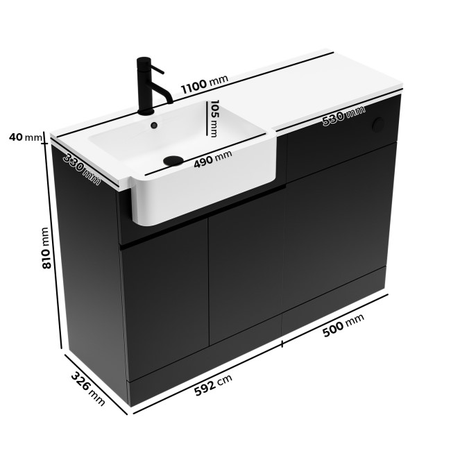 1100mm Black Left Hand Toilet and Sink Unit with Square Toilet and Black Fittings - Bali