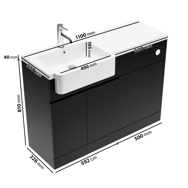 1100mm Black Left Hand Toilet and Sink Unit with Chrome Fittings - Unit & Basin Only - Bali