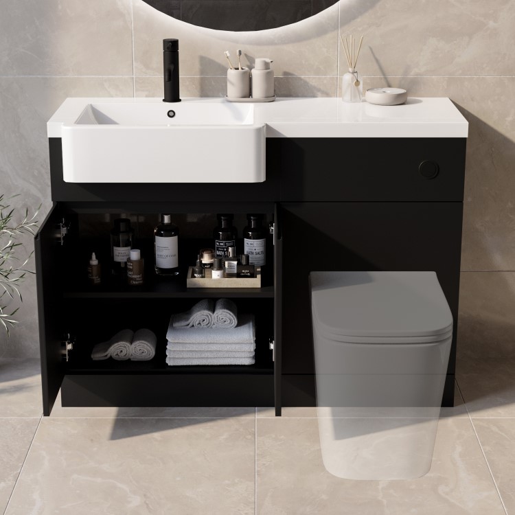 1100mm Black Left Hand Toilet and Sink Unit with Black Fittings - Unit & Basin Only - Bali