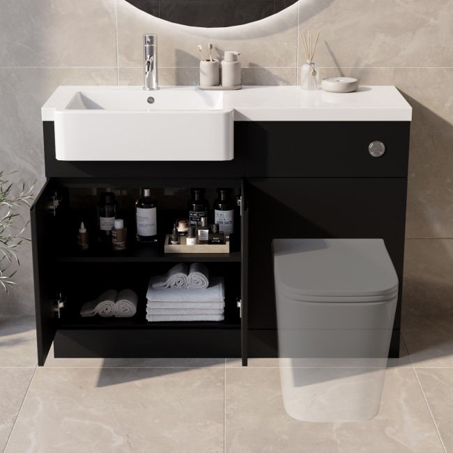 1100mm Black Left Hand Toilet and Sink Unit with Chrome Fittings - Unit & Basin Only - Bali