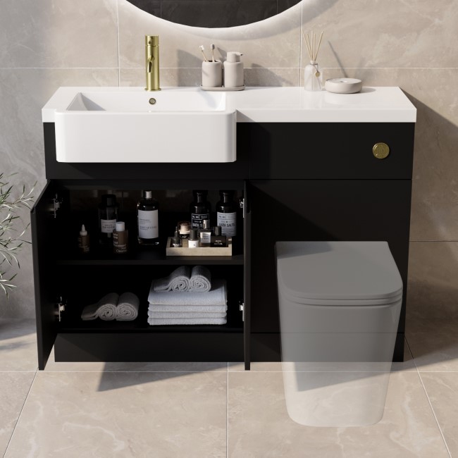 1100mm Black Left Hand Toilet and Sink Unit with Brass Fittings - Unit & Basin Only - Bali