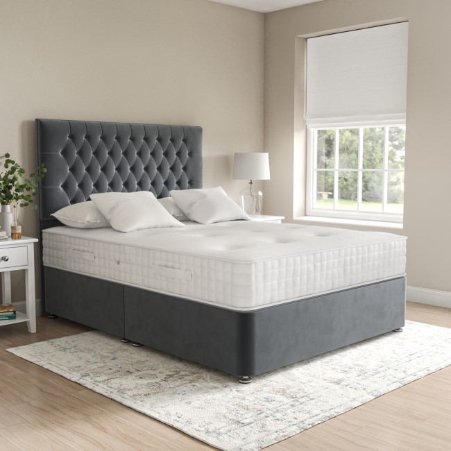 Grey Velvet King Size Divan Bed with Chesterfield Headboard - Langston