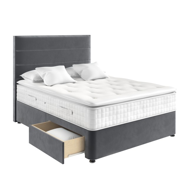 Grey Velvet Super King Divan Bed with 2 Drawers and Horizontal Stripe Headboard - Langston