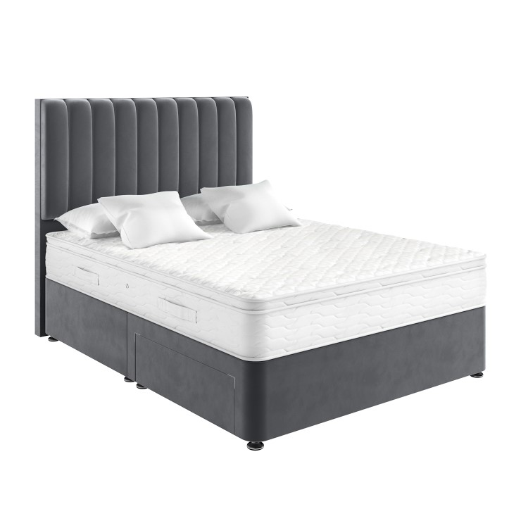 Grey Velvet King Size Divan Bed with 2 Drawers and Vertical Stripe Headboard - Langston