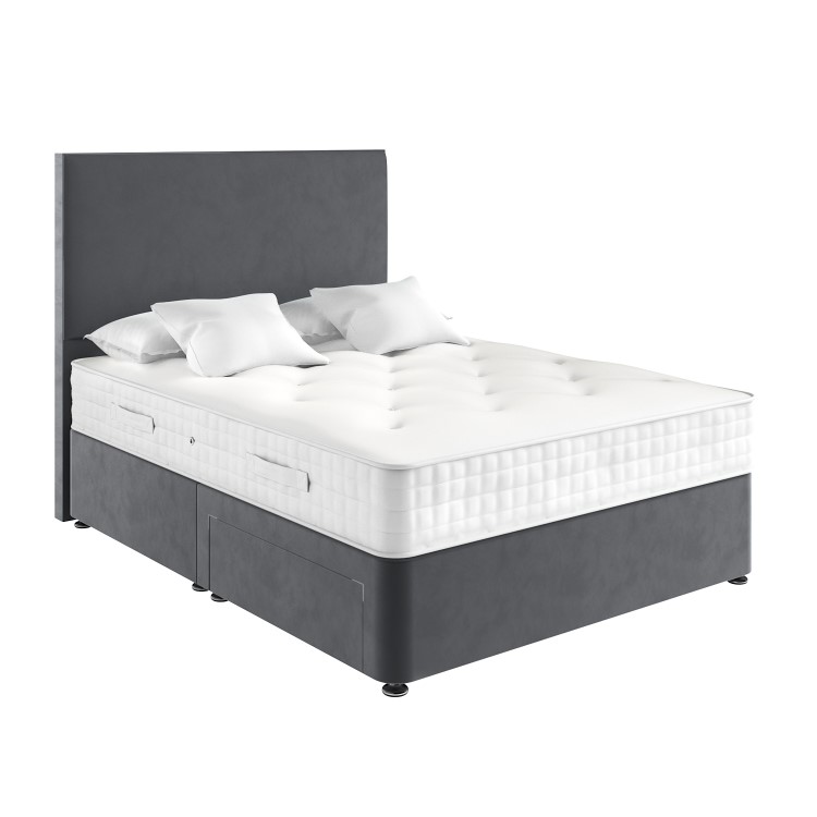 Grey Velvet King Size Divan Bed with 2 Drawers and Plain Headboard - Langston