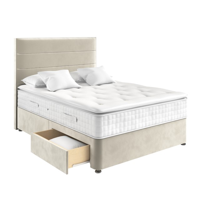 Beige Velvet King Size Divan Bed with 2 Drawers and Horizontal Stripe Headboard - Langston