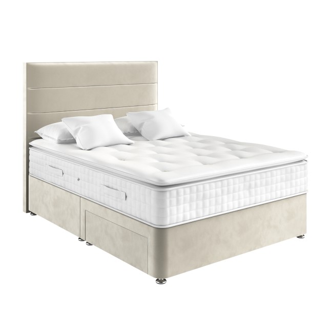 Beige Velvet King Size Divan Bed with 2 Drawers and Horizontal Stripe Headboard - Langston