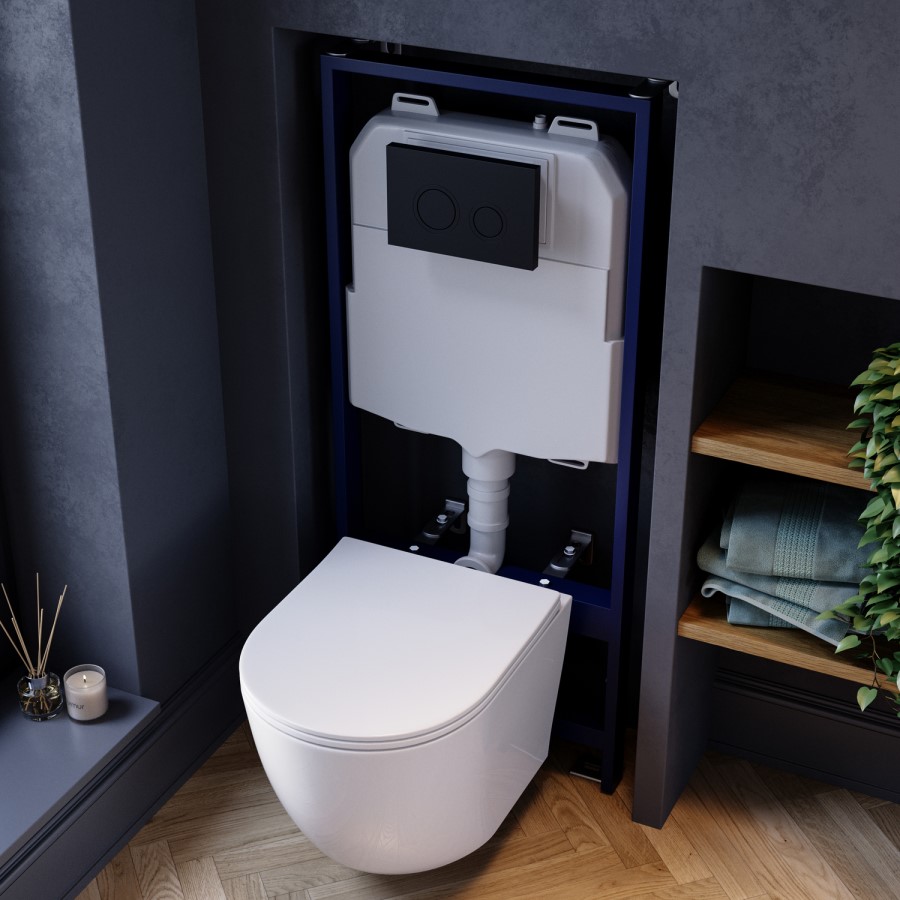 Wall Hung Rimless Toilet with Soft Close Seat, Matt Black Pneumatic Flush Plate, 1160mm Frame & Cistern – Roma