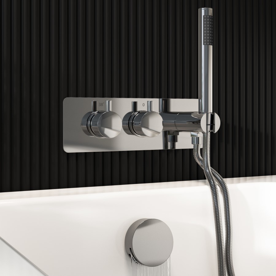 Chrome 2 Outlet Thermostatic Mixer Shower Set with Overflow Bath Filler and Integrated Hand Shower - Arissa