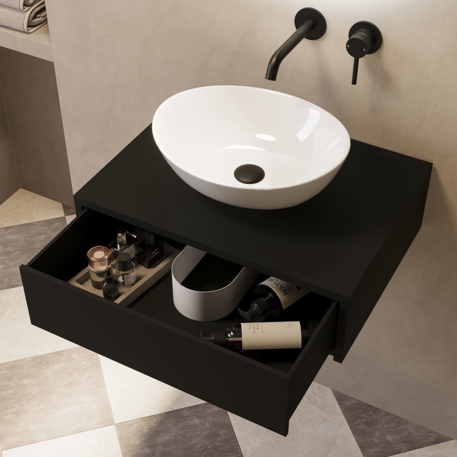 600mm Black Wall Hung Countertop Vanity Unit with Oval Basin - Lugo