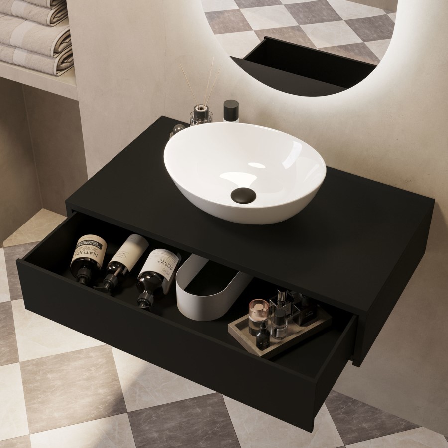 800mm Black Wall Hung Countertop Vanity Unit with Oval Basin - Lugo