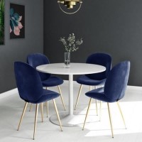 Jenna White Round Table & 4 Chairs in Blue Velvet with Gold Legs Jenna White Round Table & 4 Chairs in Blue Velvet with Gold Legs